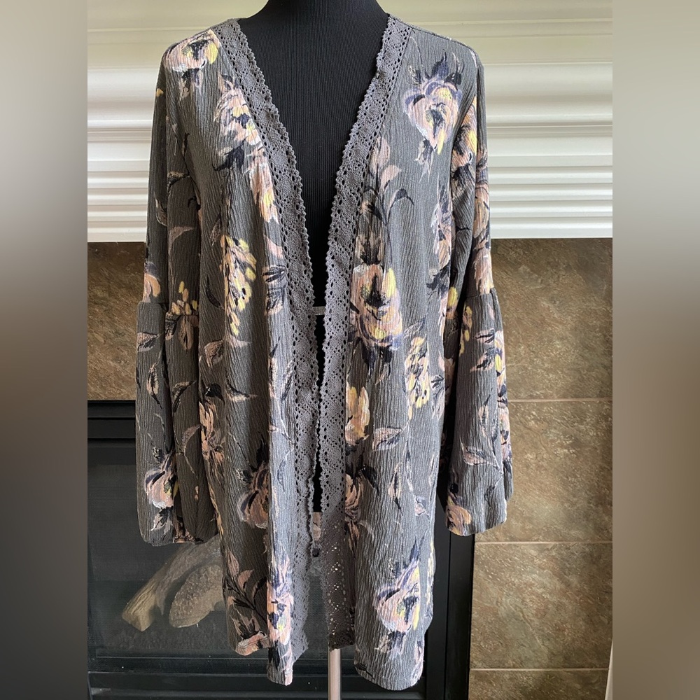 Maurices Floral Gray Long Cardigan